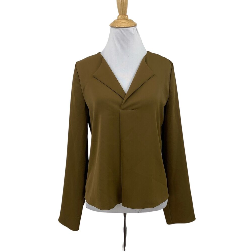 Theory Blouse Women P Petite Brown Fold Over Long Sleeve Matte Twill Long Sleeve